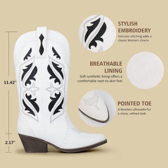 Hawkwell Women's White Western Rodeo Cowgirl Chunky Block Heel Pull On Boot - Picture 4 of 6